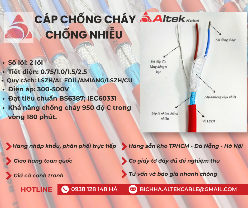 Cáp tín hiệu chống cháy chống nhiễu Altek kabel 2x0.75/2x1.0/2x1.5/2x2.5
